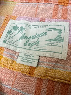 American Eagle Linen Blend Button Down Shirt Womens Small Orange Pink Plaid Boxy thumbnail 4