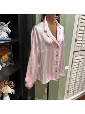 Linea Donatella Pink Stripe Feather‑Trim Pajama Set – Size Large thumbnail 3