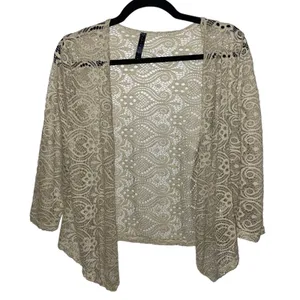 Ashley Blue Taupe Lace Open Front Cardigan Boho‎ Sheer Crochet Size Medium thumbnail 1