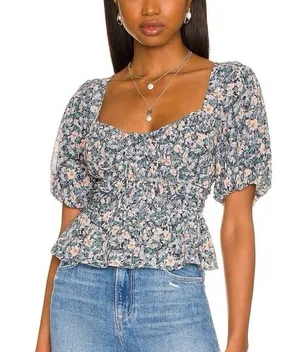 NWOT ASTR the Label Clairemont Top in Blue Peach Multi Floral thumbnail 1