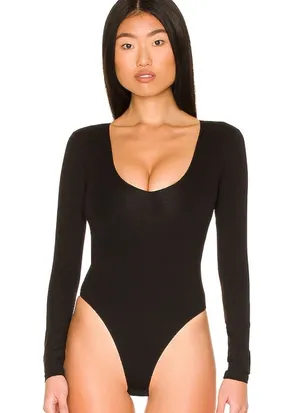 All The Way Deep V Neck Bodysuit in Black thumbnail 1