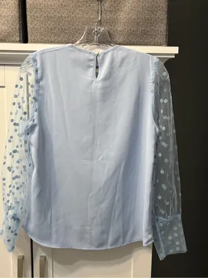 Women’s Light Blue Sheer Polka-Dot Sleeve Blouse Size S NWOT Chic Office Wedding thumbnail 3
