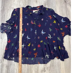 Maeve Anthropologie Navy Butterfly Print Peplum Button Down Top Large thumbnail 5