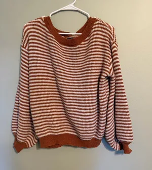 SHEIN Rust & Cream Striped Scoop-Neck Sweater thumbnail 1
