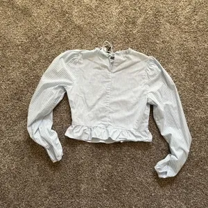 H&M Blouse Long Sleeve Ruffled Collar and Hem Blue Vertical Stripes Zip Small thumbnail 8