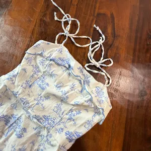 Altar'd State Blue White Toile Mini Dress Tie Strap Ruffle Small 25ER69WZBP thumbnail 6