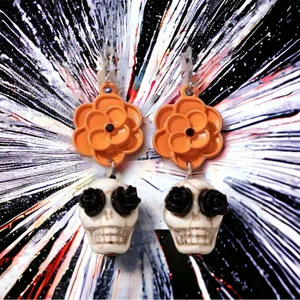Skull Orange Flower Black Rose Eyes Drop Dangle‎ Earrings Faux Fashion Jewelry thumbnail 3