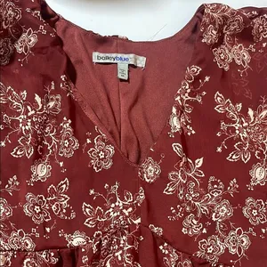 Bailey Blue Womens Burgundy Floral Print V‎ Neck Babydoll Dress Ruffle Sleeve M thumbnail 4