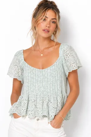 American Eagle Mint Eyelet Peplum Top Cottagecore Boho Fairycore Milkmaid L thumbnail 1
