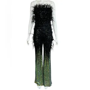 Unbranded Elegant Sequined/Feathered Black and Green Women's Jumpsuit G#8 thumbnail 2