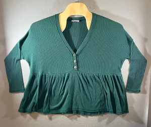 925 | Altar'd State Waffle Knit Peplum Babydoll‎ Henley Top Green Women L thumbnail 1