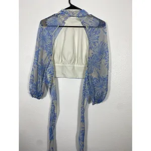Amanda Uprichard Sheer Floral Cropped Tie Blouse Open Back Mock Neck Blue S thumbnail 9