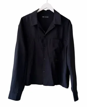 Zara Button Down Boxy Plain Black Long Sleeves Button Down Blouse SZ L #2574 thumbnail 1