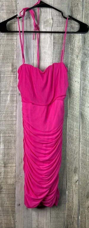Lucy In The Sky Sm Pink Ruched Mini Dress Lace Back Adjustable Spaghetti Straps thumbnail 1