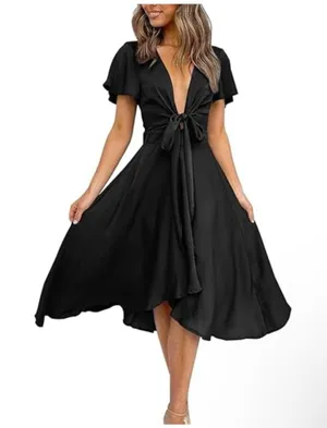 BTFBM Satin Black V Neck Tie Front Midi A-Line Maxi Dress Size Medium thumbnail 1