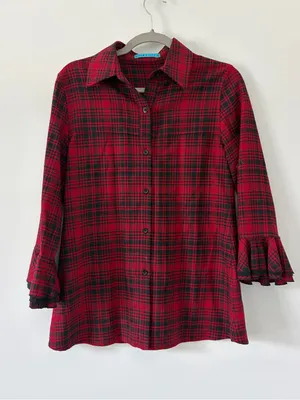 Vintage Alice + Olivia Red Black Plaid Wool Viscose Flounce Sleeve Fall Top S thumbnail 1