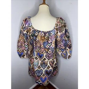 NEW FARM RIO Cream Hearts Ikat Puff Sleeve Dress Sz Small‎ thumbnail 4
