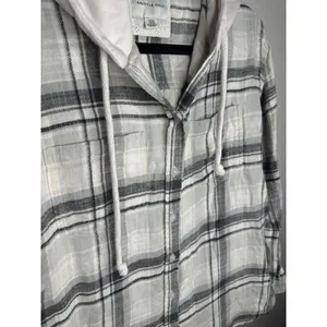 American Eagle Shirt Womens Small White Gray Plaid Hooded Button Front Flannel thumbnail 2