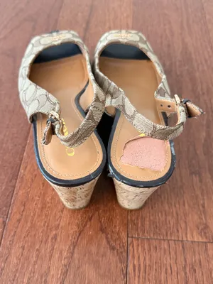 Coach Tan Signature Canvas Peep-Toe Slingback Heels with Black Toe thumbnail 9