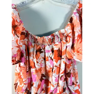 GeeGee Pink Orange Floral Smocked Puff Sleeve Tiered Mini Dress‎ 2XL thumbnail 9