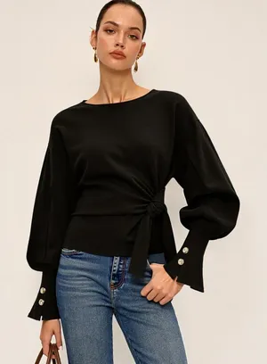 Commence black Twist Knot Balloon Sleeve Sweatshirt crewneck gold button S NWT thumbnail 1