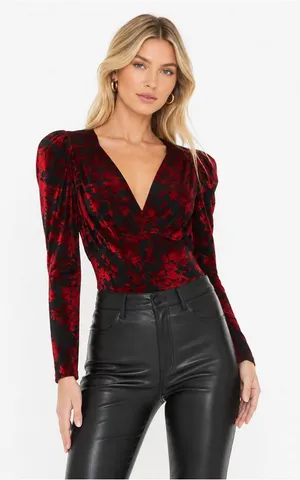 Dear John Red Black Velvet Floral Puff Sleeve Bodysuit Size M thumbnail 1