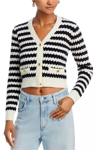 Anthropologie Line + Dot Laurel Cropped Knit Cardigan Size Small Black Striped thumbnail 1