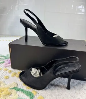 Spiegel Black Satin Peep Toe‎ Slingback Stiletto Heels Leather Sole 7.5B F8065 thumbnail 1