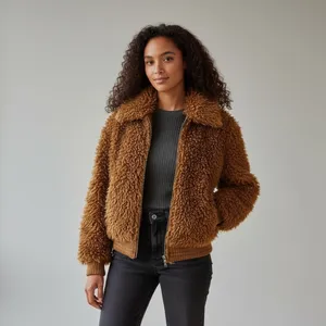 Wild Fable Teddy Faux Fur Jacket Brown Bomber Full Zip Warm Cozy‎ thumbnail 2