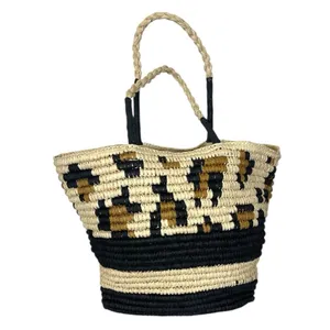 Women’s Tote Bag Woven Braided Casual Zip Closure Black Natural Size Large thumbnail 3