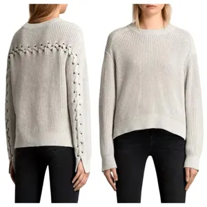 AllSaints Sweater Women XS Tan Crew Neck Cotton‎ Knit Aria Laced Short Jumper thumbnail 2