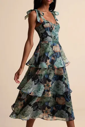 Playfully Posh Black Floral Organza Tie-Strap Tiered Midi Dress NWT thumbnail 1