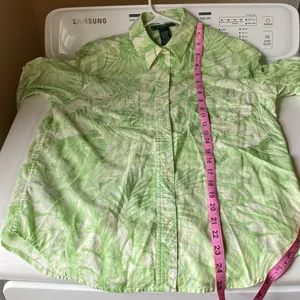 Ralph Lauren Petite Medium 100% cotton green & white long sleeve roll tab blouse thumbnail 8
