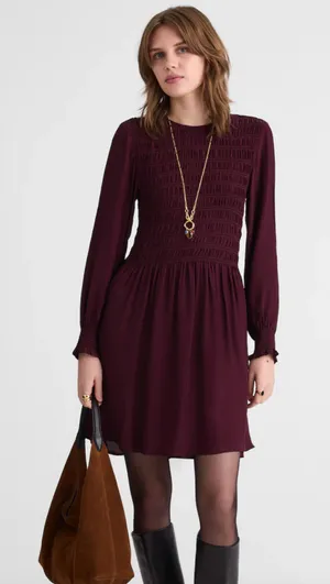 Madewell | NWT Smocked Mini Dress in Dark‎ Pomegranate | Sz S thumbnail 1