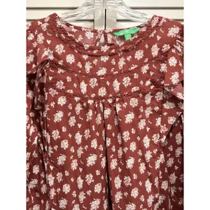 Dip Rust/White Floral Crochet Long Sleeve Blouse Size M Keyhole Ruffle‎ Boho thumbnail 2