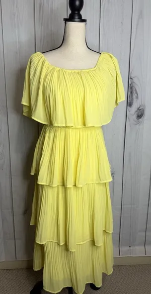 She + Sky Sz M Yellow Lined Chiffon Pleated Tiered Ruffle Midi Dress Sleeveless thumbnail 1