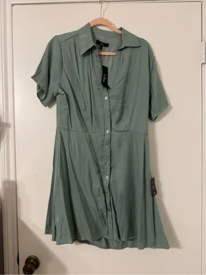 NWT Lulus Pleasant Darling Sage Green Short Sleeve Button-Up Mini Dress Size XL thumbnail 5
