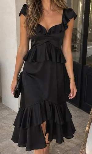 Show Me Your Mumu Reese Ruffle Black Satin Maxi Dress XS NWT thumbnail 1
