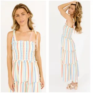 Aakaa NWT pastel rainbow smocked ruffle tiered shoulder tie midi dress Sz Large thumbnail 3