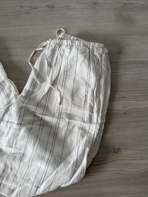 H&M Lightweight Striped Drawstring Linen Blend Pants - Cream thumbnail 2