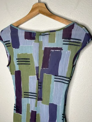 Y2K Vintage NY & Company Blue Purple Abstract Geometric Surplice Wrap Blouse thumbnail 6