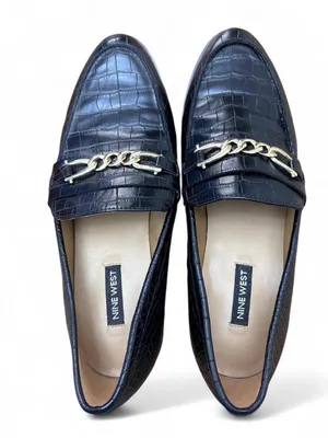 Nine West Black Croc-Embossed Loafers Size 8.5 Gold Chain – Classic Dress Shoes thumbnail 1