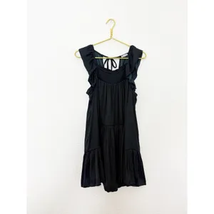 Free People Want Your Love Black Mini Dress Small Smocked Tie Back Boho Babydoll thumbnail 4
