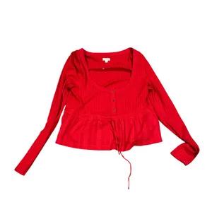 PILCRO Peplum Tie Waist Red Ribbed Knit Long Sleeve Babydoll Scoop Neck Top M thumbnail 3