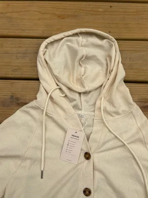 Women’s Small Cream Waffle Knit Hooded Henley Tunic Pullover Top NWT thumbnail 3