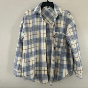 Veveret Blue Cream Plaid Shacket Flannel Jacket Fall Spring Comfy Casual Large thumbnail 5