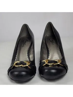 Candies Black Faux Leather Chunky Kitten Heels Pump With Gold Chain Bow Sz 8 M thumbnail 9