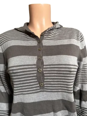 Long sleeve gray stripe half button Henley hoodie sweatshirt top M thumbnail 3