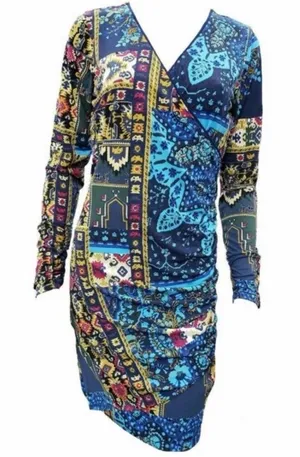 Hale Bob Multicolor Blue & Yellow Patchwork Paisley Wrap Dress thumbnail 1