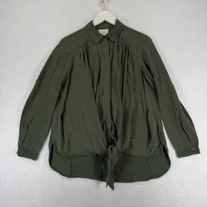 Maeve Anthropologie Olive‎ Green Tencel Tie Front Button Down Blouse Small thumbnail 1